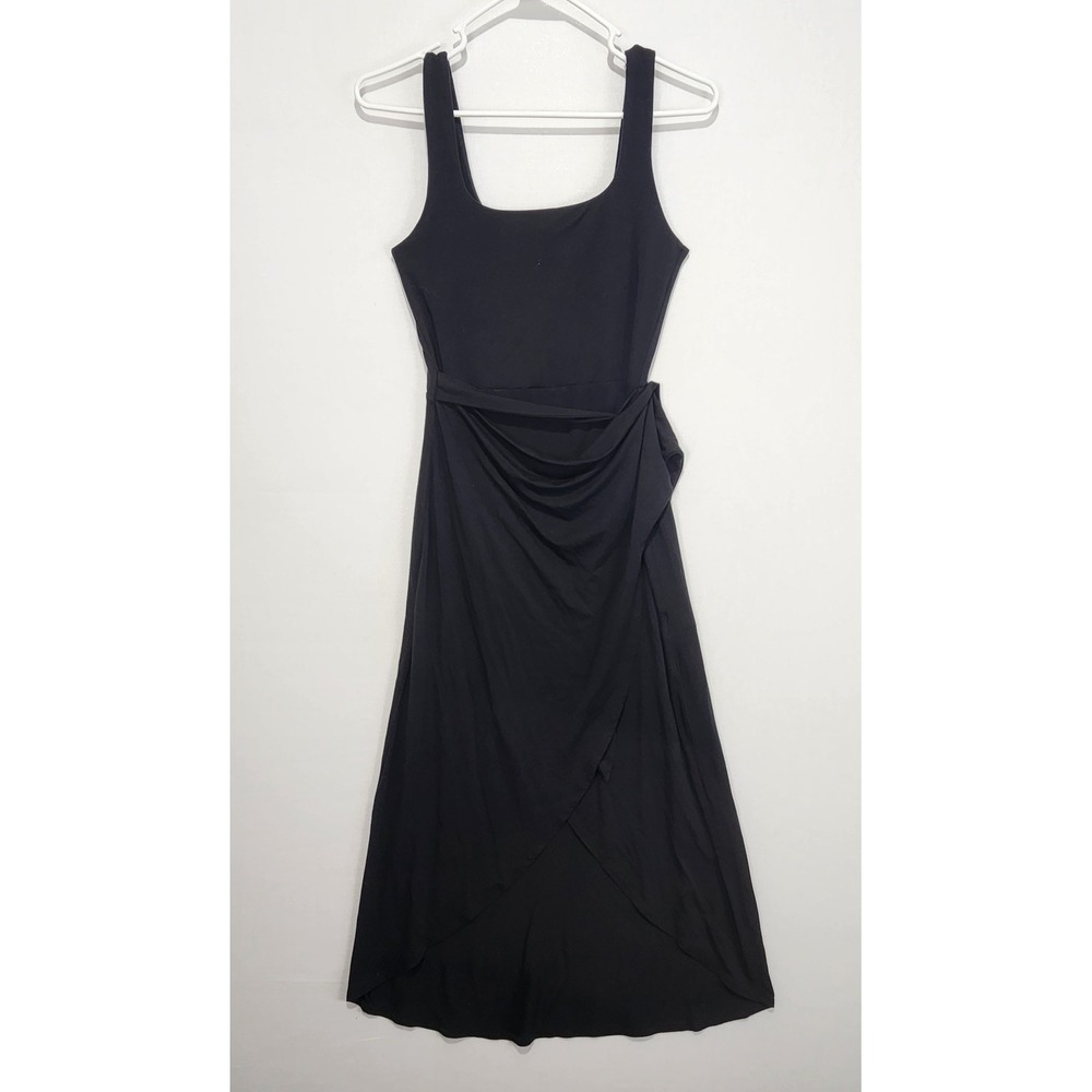 Quince Women's XS Black Washable Silk Wrap Midi Dress Sleeveless Side Tie
